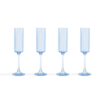 Lucinda Scalloped Edge Contrast Stem Glass Flutes - Set of 4 - Blue