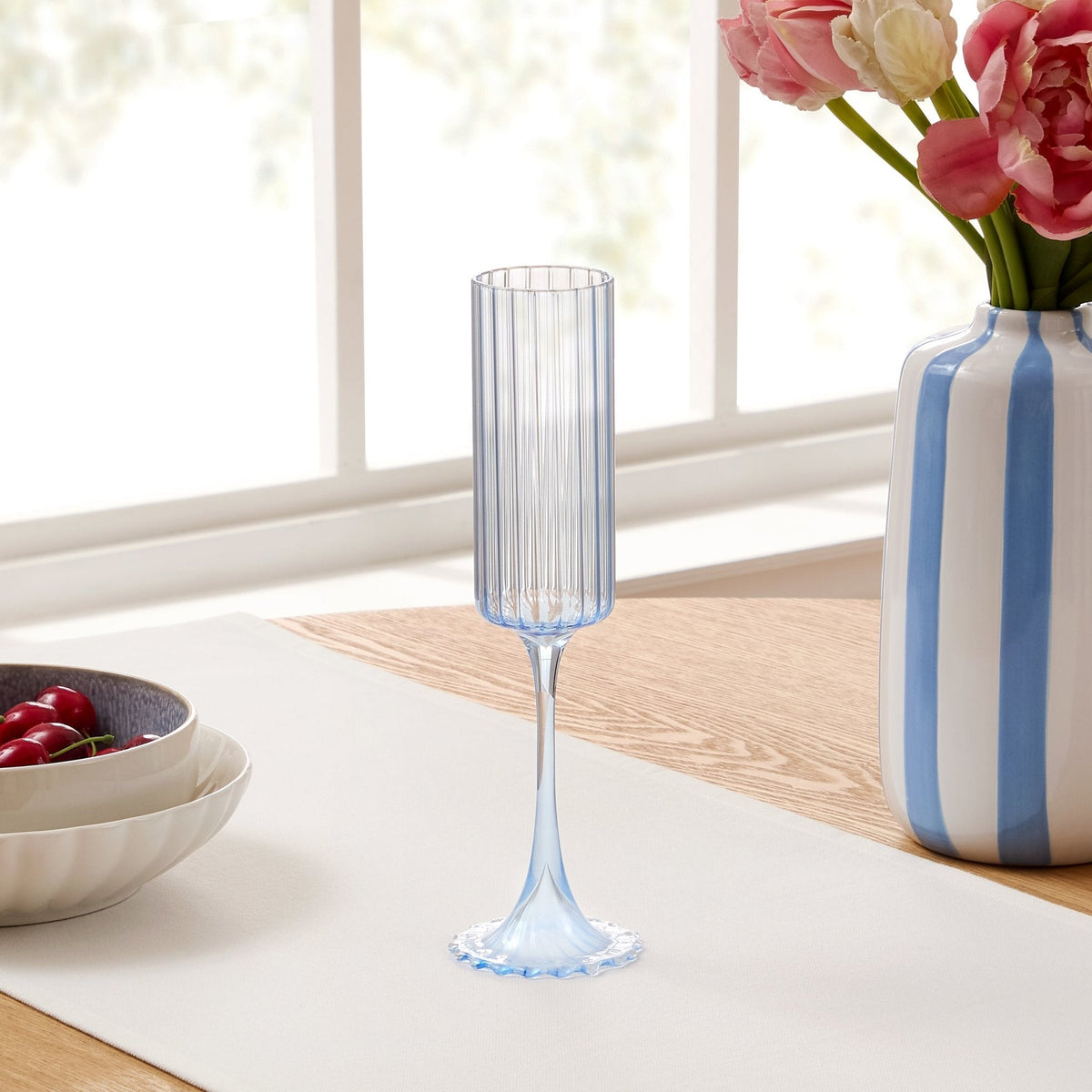 Lucinda Scalloped Edge Contrast Stem Glass Flutes - Set of 4 - Blue